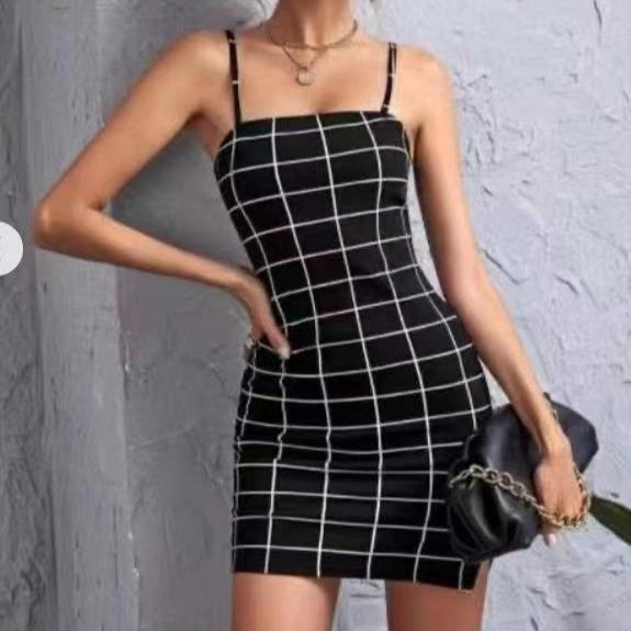 Retro Kariertes Sexy Spaghettiträger Bodycon Minikleid für Damen